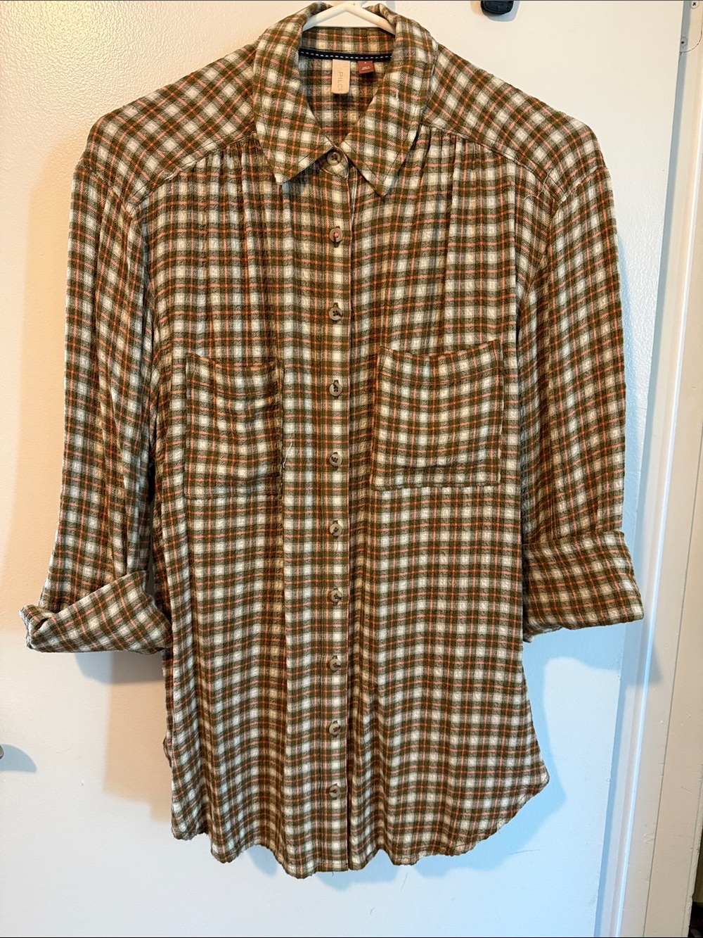 Pilcro Olive Green & Cream with coral accents Plaid Button-Down Shirt